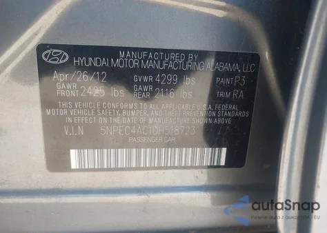 2013 Hyundai Sonata Se z USA, uszkodzony, nr VIN 5NPEC4AC1DH518723
